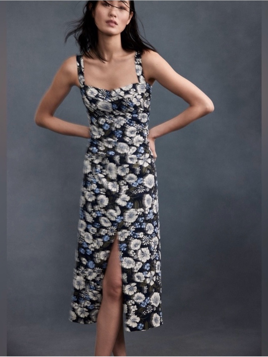 Veronica Beard Floral Square-Neck Midi Dress With Blue Accents Size 6